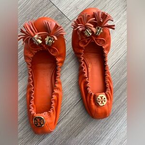 Tory Burch Vibrant Orange Flats with Gold Accents